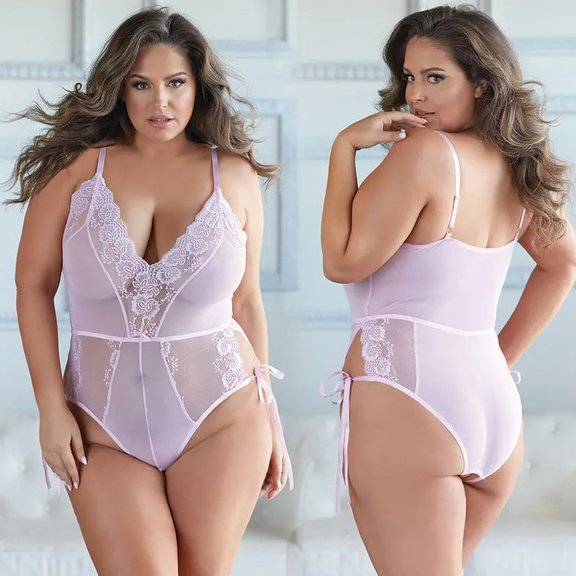 Allure Lace and Mesh Tie Up Romper-Pink 1X/2X-Boxed My Store