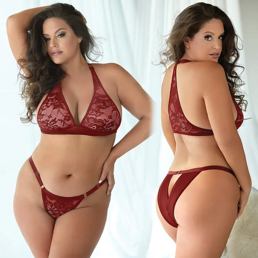 Allure Lace & Mesh Bralette and Panty 2pc Set-Burgundy 2X/3X-Boxed My Store