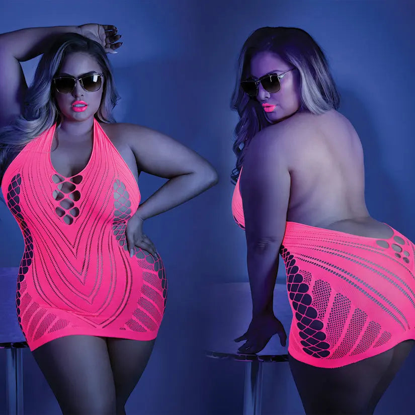 Fantasy Lingerie Glow Shock Value Halter Dress-Neon Pink Queen-Boxed My Store