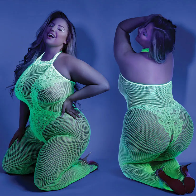Fantasy Lingerie Glow Moonbeam Crotchless Bodystocking-Neon Green Queen-Boxed My Store