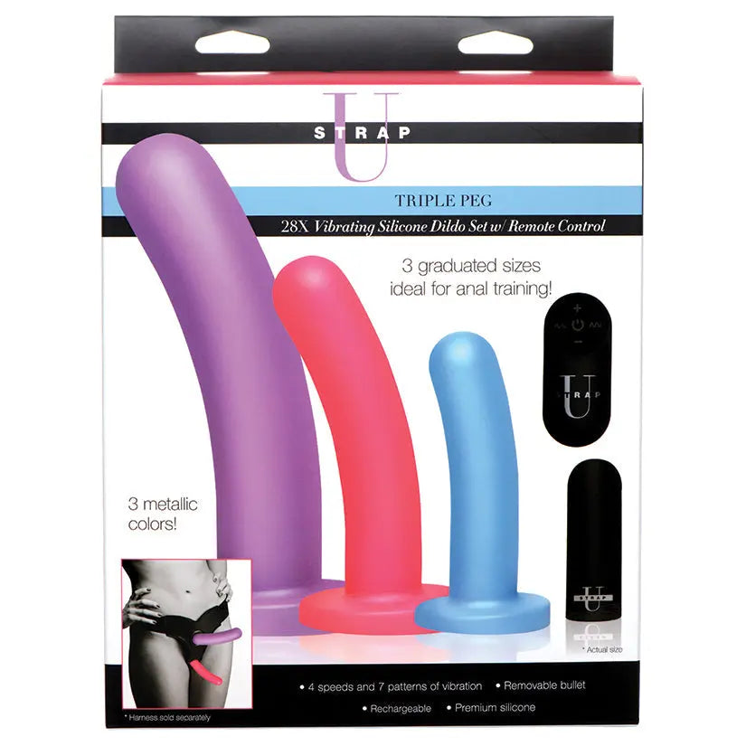 Strap U Triple Peg 28X Vibrating Silicone Dildo Set My Store