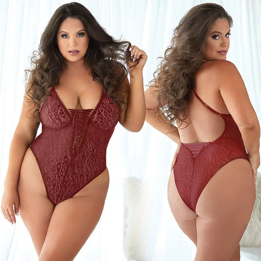 Allure Leopard Lace Up Teddy-Burgundy 2X/3X-Boxed My Store