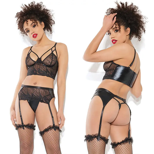 Coquette Longline Bra Garter Belt & G-String Set-Black X-Large-Hanging My Store