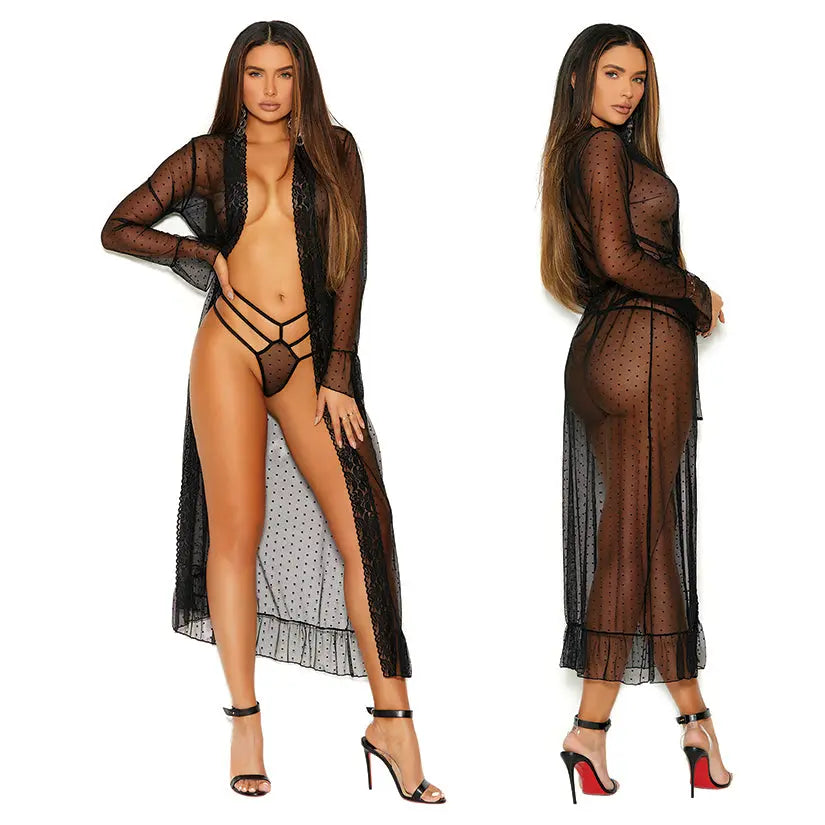Elegant Moments Long Sleeve Dotted Mesh Robe & Panty-Black 3X-Hanging My Store