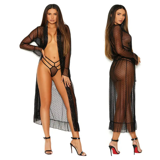 Elegant Moments Long Sleeve Dotted Mesh Robe & Panty-Black 3X-Hanging My Store
