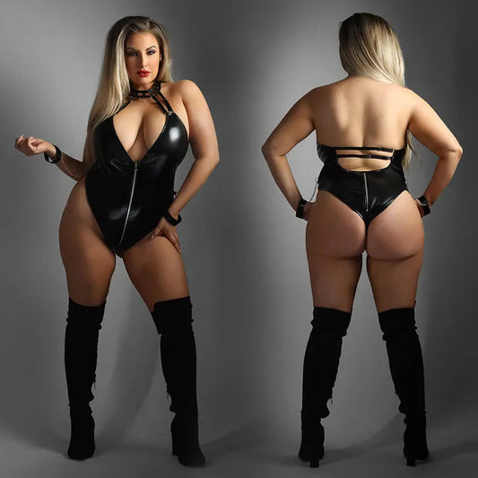 Fantasy Lingerie Edge Adjustable Wetlook Halter Teddy with Full Zipper Closure-Black QUEEN My Store