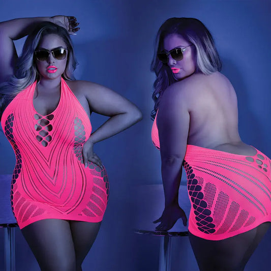 Fantasy Lingerie Glow Shock Value Halter Dress-Neon Pink Queen-Boxed My Store