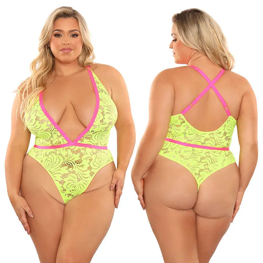 Fantasy Lingerie Glow Spotlight Contrast Elastic Lace Teddy-Neon Green QUEEN My Store