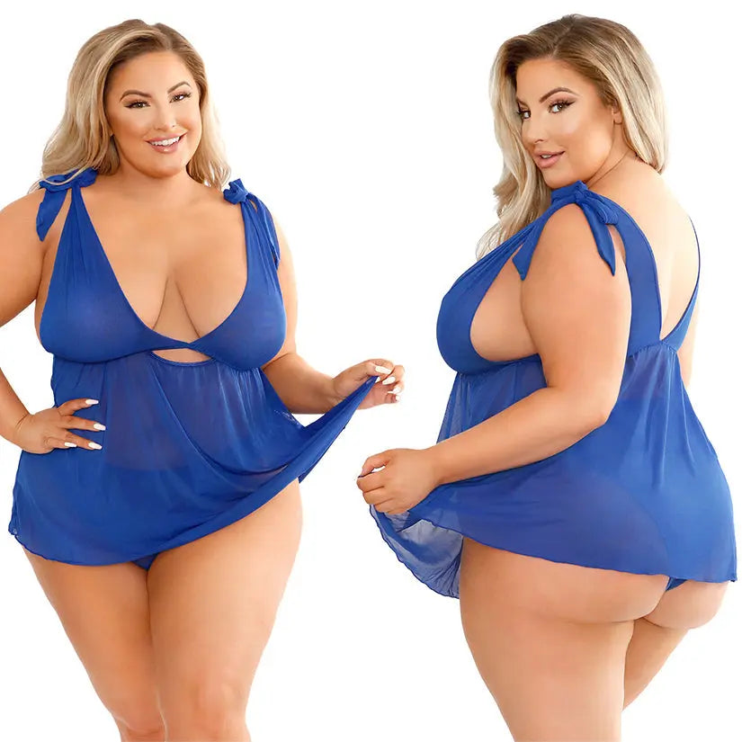 Fantasy Lingerie Play Zara Shoulder Tie Babydoll Set-Blue 1x/2x My Store