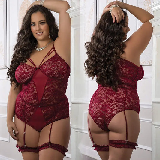 G-WORLD 2PC Floral Lace Strappy Garter Teddy with Sheer Plunge-Wine  Queen-Boxed My Store