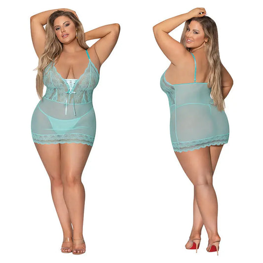 Magic Silk Lace Mesh Chemise & G-String-Turquoise QUEEN-Boxed My Store